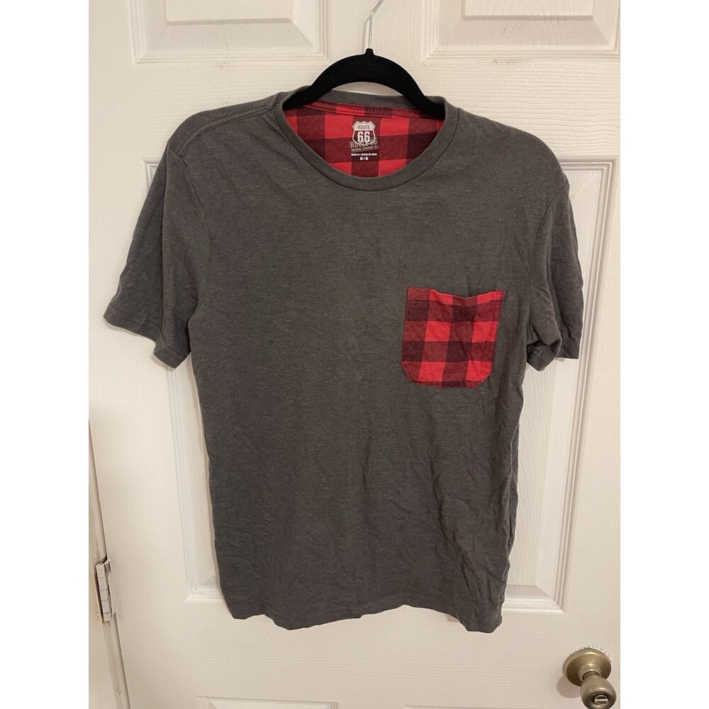 Route 66 Gray T-shirt Plaid Pocket T-Shirt Contrast Buffalo Check Size Medium
